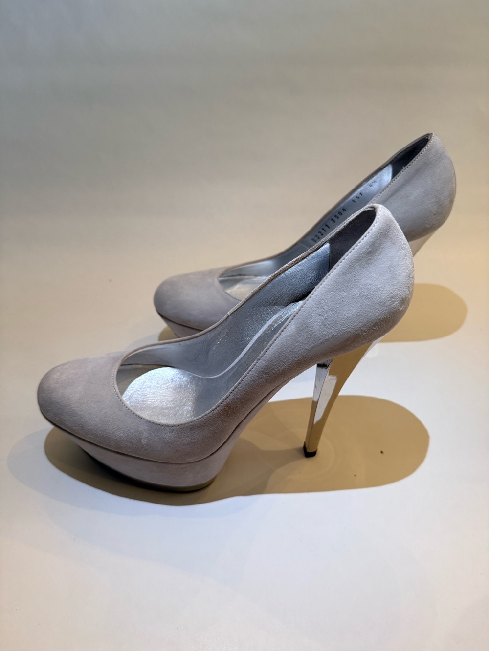Casadei Y2K Light Gray Suede Platform Stiletto Pumps
